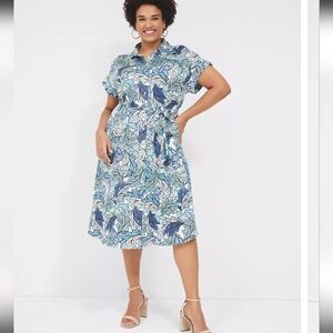 Floral Blue and White Midi Shirt Dress Size 16